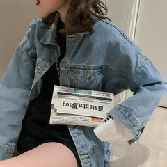 Newspaper Chain Crossbody Bag For Women Funny Pu Leather Lady Shoulder Messenger