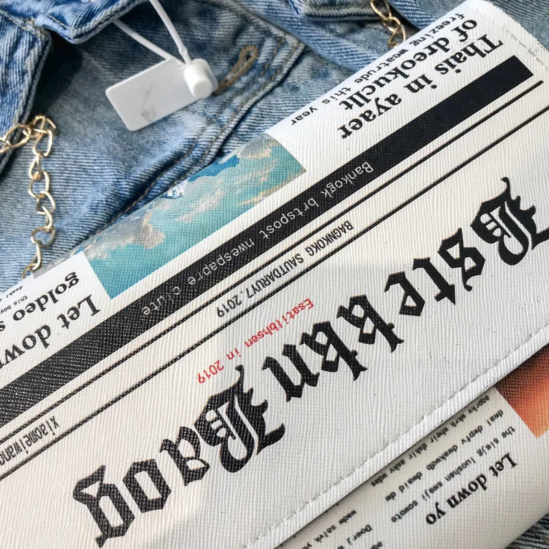 Newspaper Chain Crossbody Bag For Women Funny Pu Leather Lady Shoulder Messenger