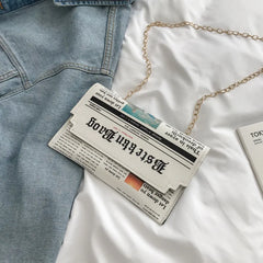 Newspaper Chain Crossbody Bag For Women Funny Pu Leather Lady Shoulder Messenger