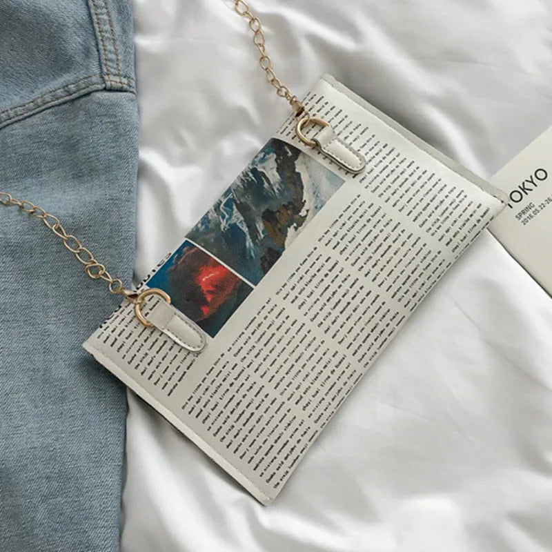Newspaper Chain Crossbody Bag For Women Funny Pu Leather Lady Shoulder Messenger