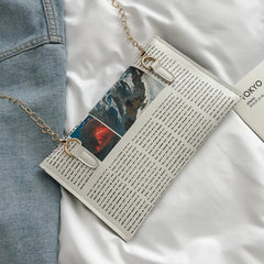 Newspaper Chain Crossbody Bag For Women Funny Pu Leather Lady Shoulder Messenger