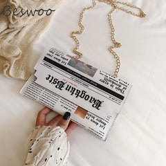 Newspaper Chain Crossbody Bag For Women Funny Pu Leather Lady Shoulder Messenger