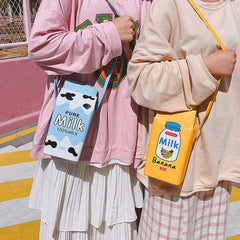 Cartoon Banana Milk Box Shoulder Bag for Girls