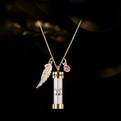 Time Hourglass Cremation Urn Necklace with Angel Wing Birthstones