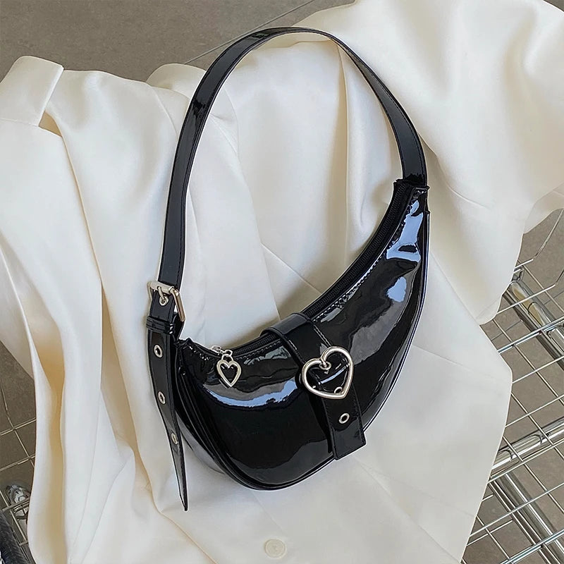 Crescent Moon Women's Underarm Bag Patent Leather Love Heart Shoulder Bags
