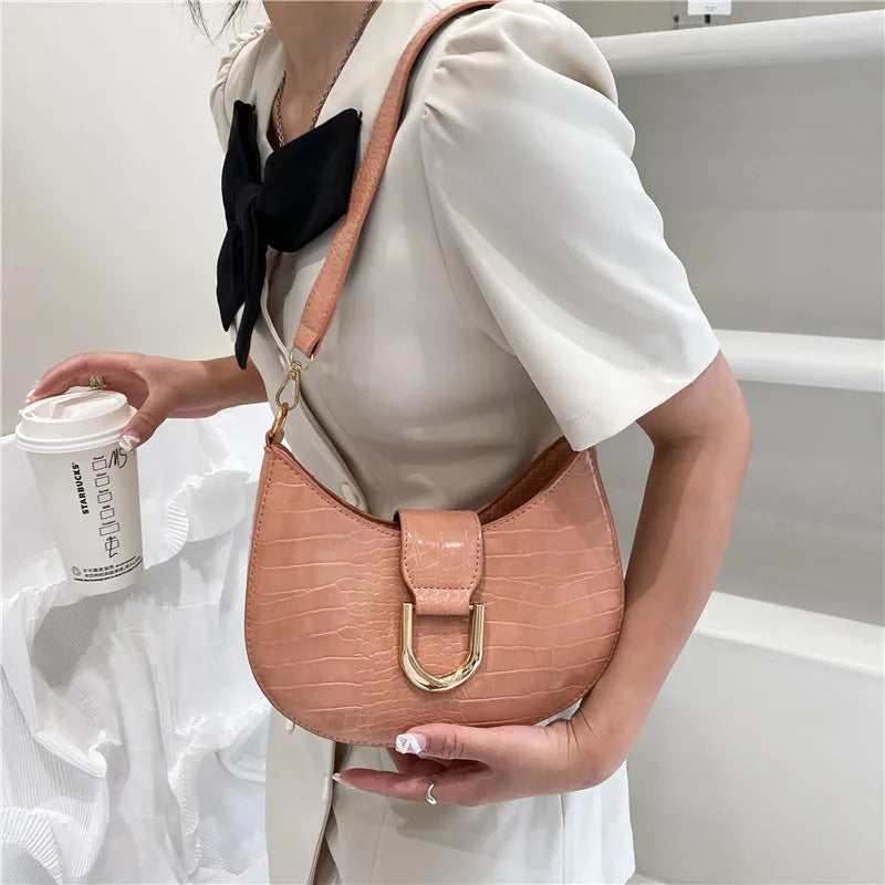 Crocodile Embossed Shoulder Bag for Women PU Leather Semicircle Armpit Bag