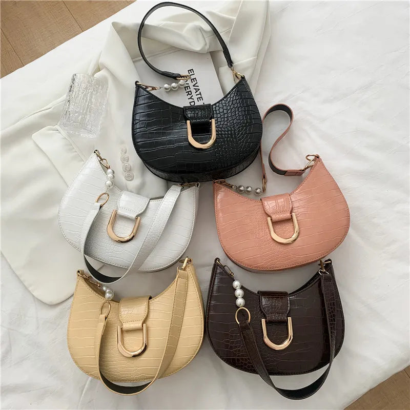 Crocodile Embossed Shoulder Bag for Women PU Leather Semicircle Armpit Bag