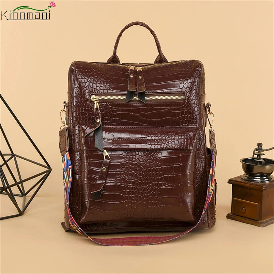 Crocodile Leather Backpack School Bag for Teenager Girl