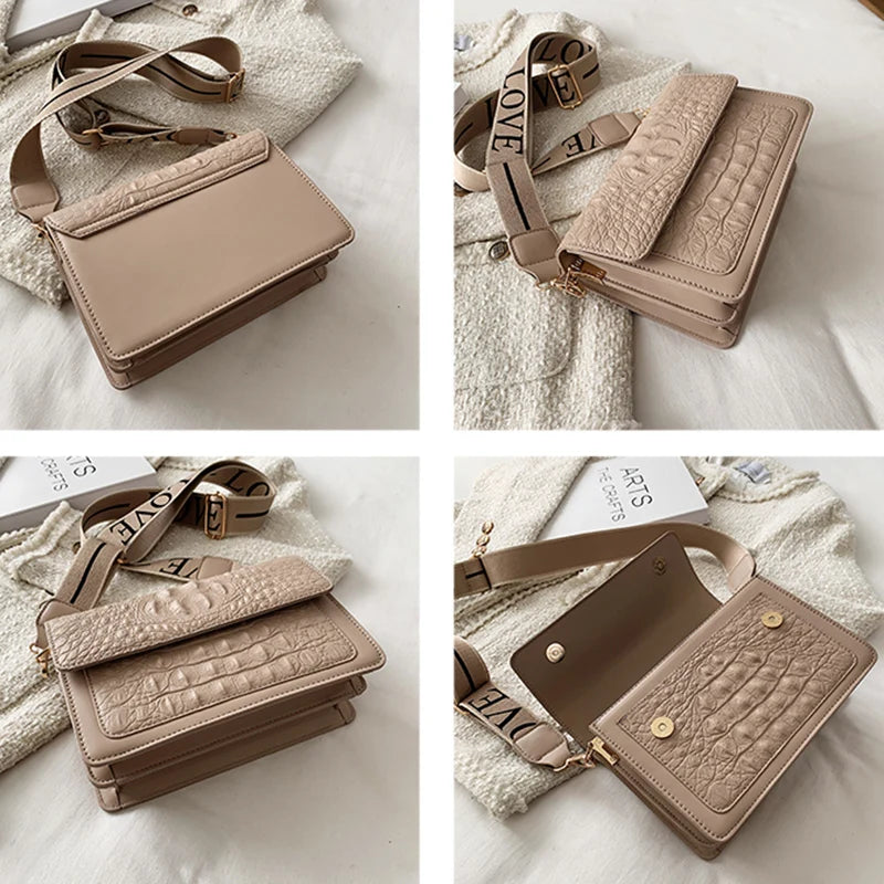 Crocodile Pattern PU Leather Shoulder Bag with Wide Strap