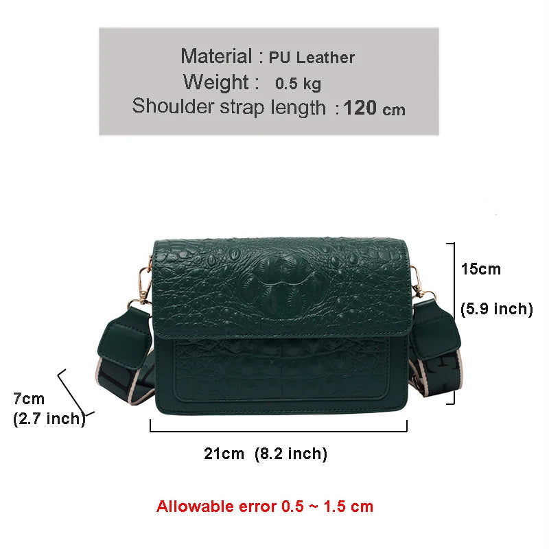 Crocodile Pattern PU Leather Shoulder Bag with Wide Strap