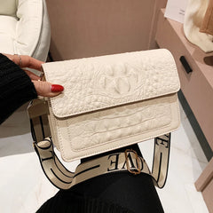 Crocodile Pattern PU Leather Shoulder Bag with Wide Strap