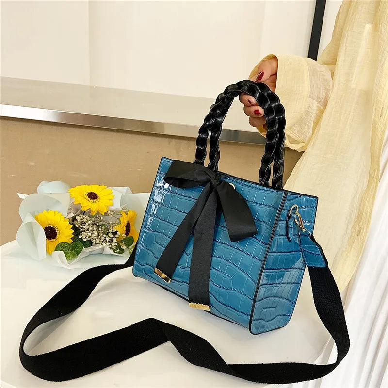 Crocodile Pattern Crossbody Bag with Bow Handbag