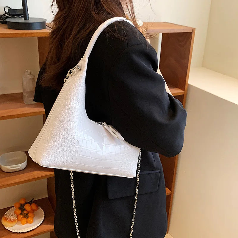 Crocodile Pattern Ladies Chains Hobo Shoulder Purses Stone Pattern Retro Underar