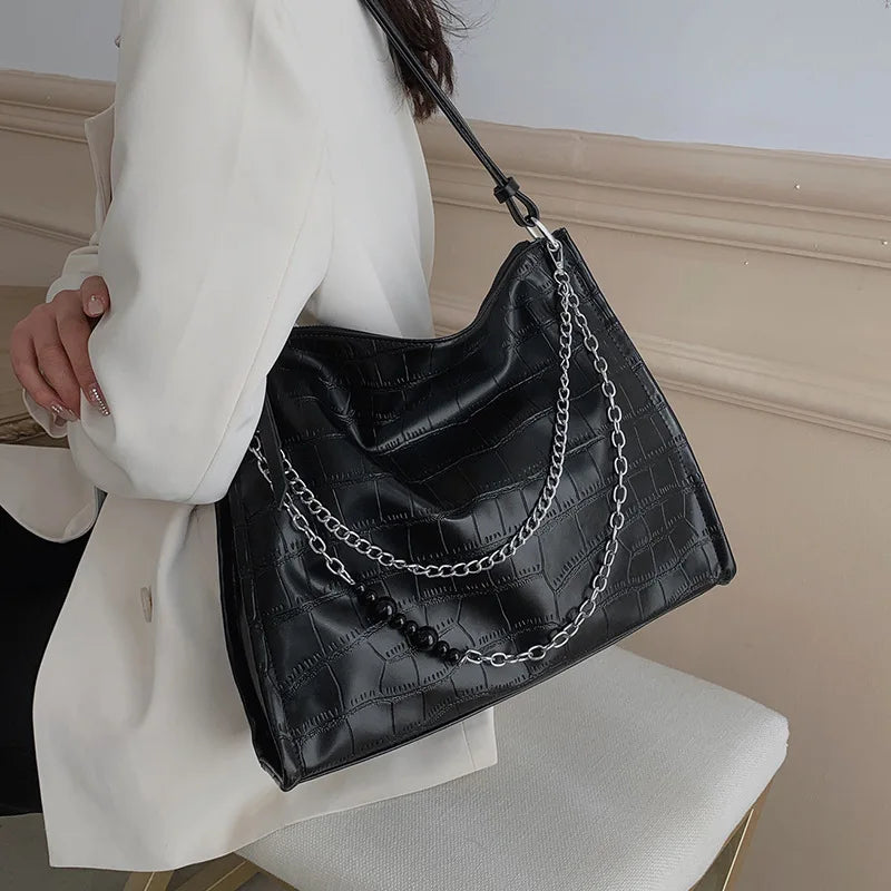 Crocodile Pattern Shoulder Bags With Chain Large Capacity Leather Shopping Bag