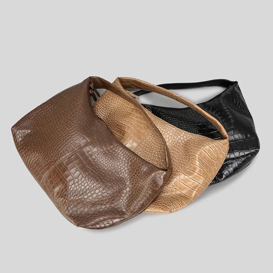 Crocodiles Women Underarm Crossbody Bag PU Leather Handbags Brown