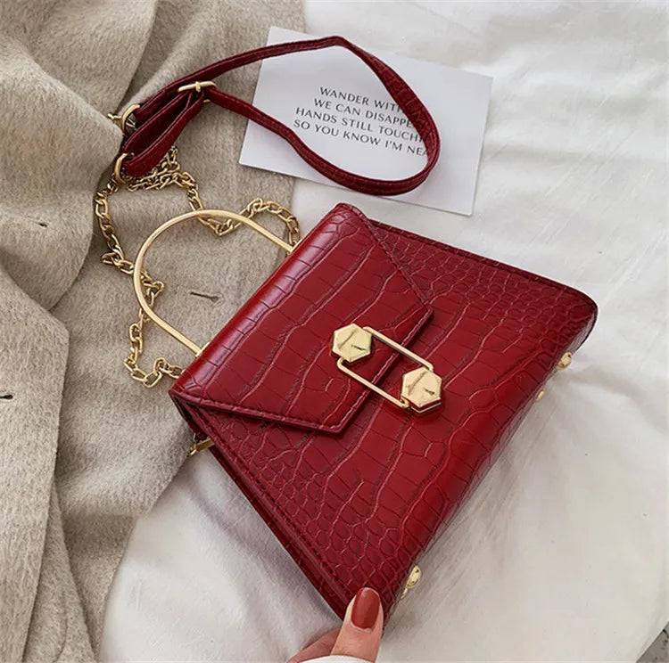 Vintage Leather Cross-Body Bag with Chain Buckle