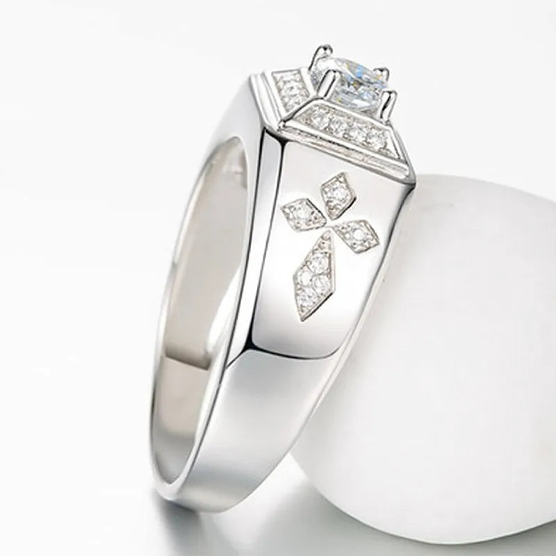 Cross Carving Zircon Ring Men's Silver Wedding Jewelry