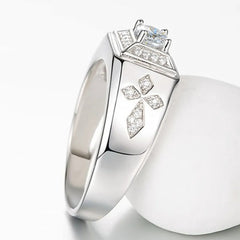 Cross Carving Zircon Ring Men's Silver Wedding Jewelry