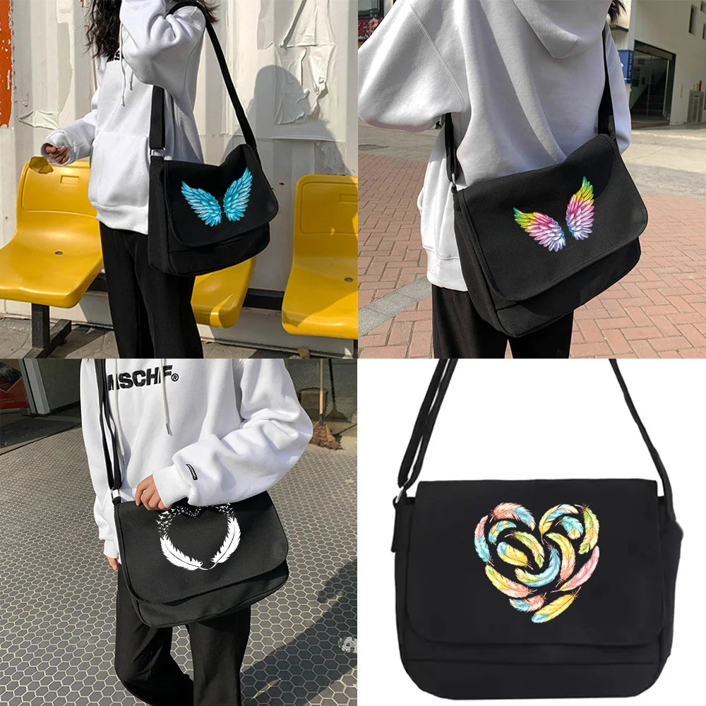 Feather Pattern Crossbody Bag Canvas Shoulder Bags Youth Satchel