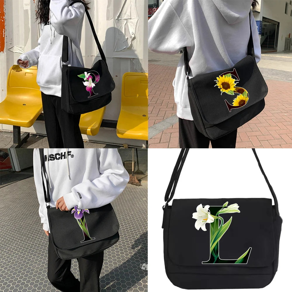 Canvas Crossbody Bag Youth School Envelope Pouch Flower Pattern
