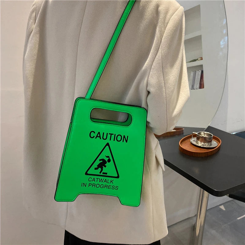 Fluorescence Shoulder Bag Caution Letters Sign Handbag