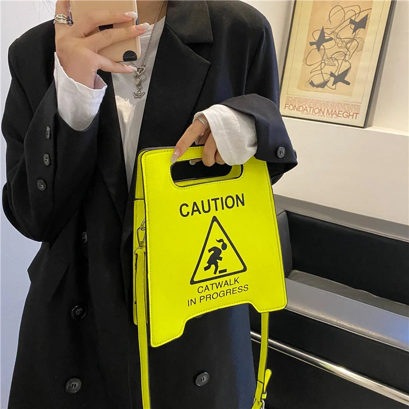 Fluorescence Shoulder Bag Caution Letters Sign Handbag