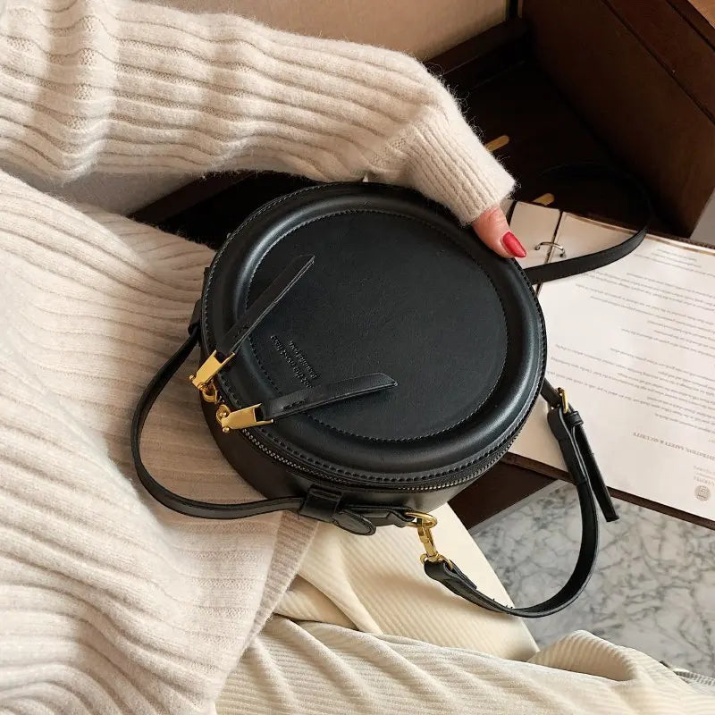 Round Leather Crossbody Bag for Women Small Shoulder Purse Zip Handbag