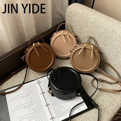 Round Leather Crossbody Bag for Women Small Shoulder Purse Zip Handbag