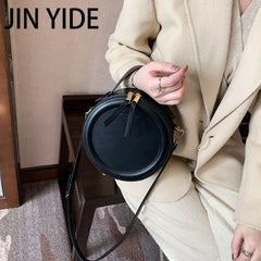 Round Leather Crossbody Bag for Women Small Shoulder Purse Zip Handbag