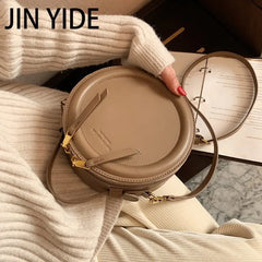 Round Leather Crossbody Bag for Women Small Shoulder Purse Zip Handbag
