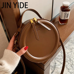 Round Leather Crossbody Bag for Women Small Shoulder Purse Zip Handbag