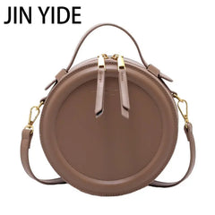 Round Leather Crossbody Bag for Women Small Shoulder Purse Zip Handbag
