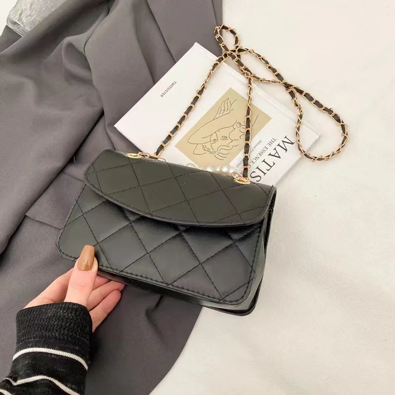Retro Rhombic Solid Crossbody Bag for Women Pearl Chain Messenger Bags