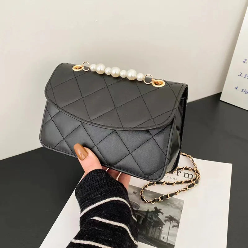 Retro Rhombic Solid Crossbody Bag for Women Pearl Chain Messenger Bags