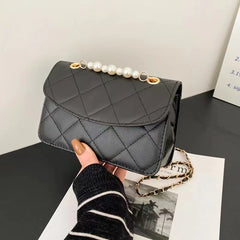 Retro Rhombic Solid Crossbody Bag for Women Pearl Chain Messenger Bags