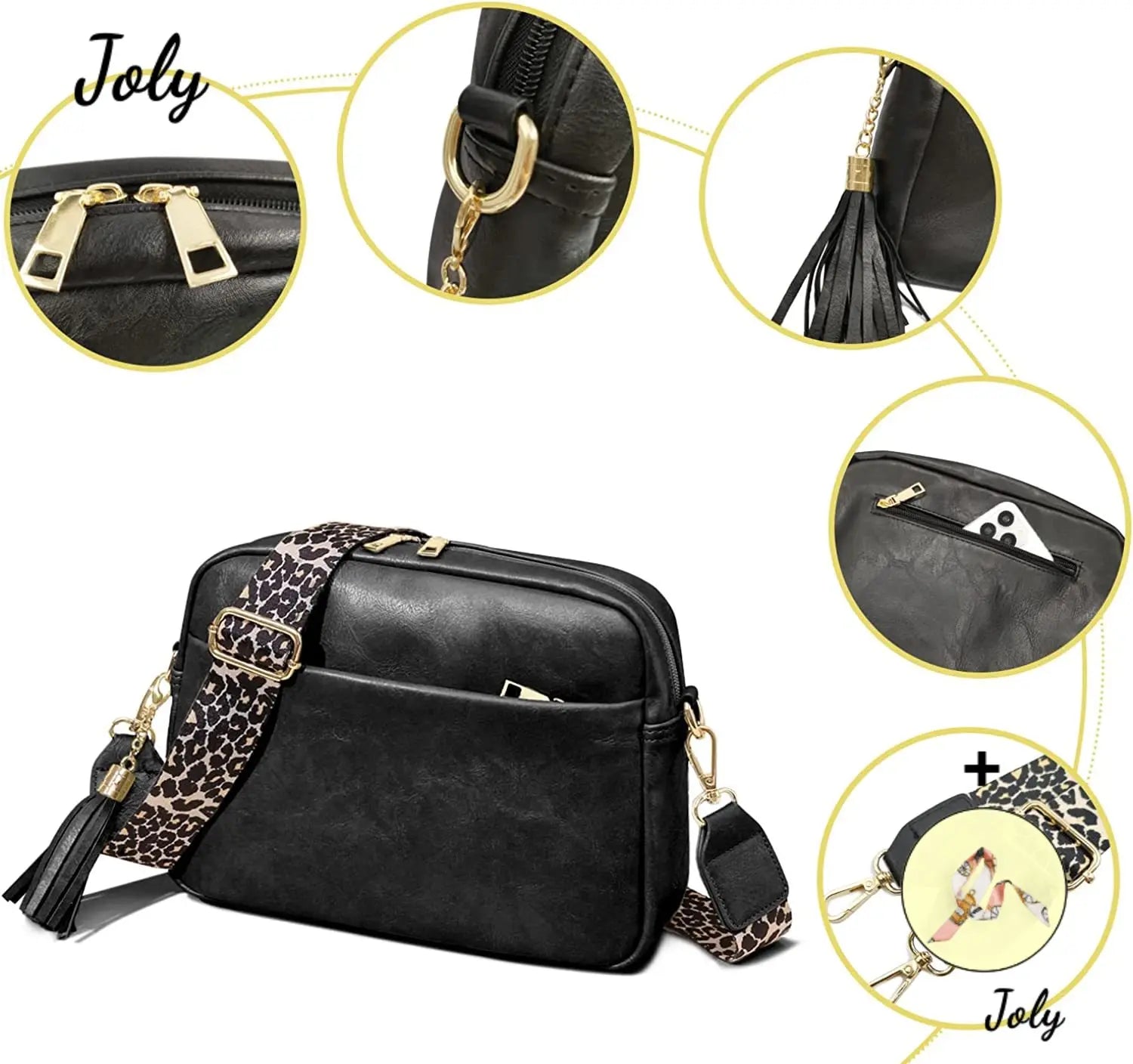 Leopard Adjustable Strap Crossbody Bag Vegan Leather Purse Zipped Handbag