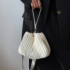 Casual Ladies Crossbody Bag Bucket Shape PU Leather Pleated Zipper Bag