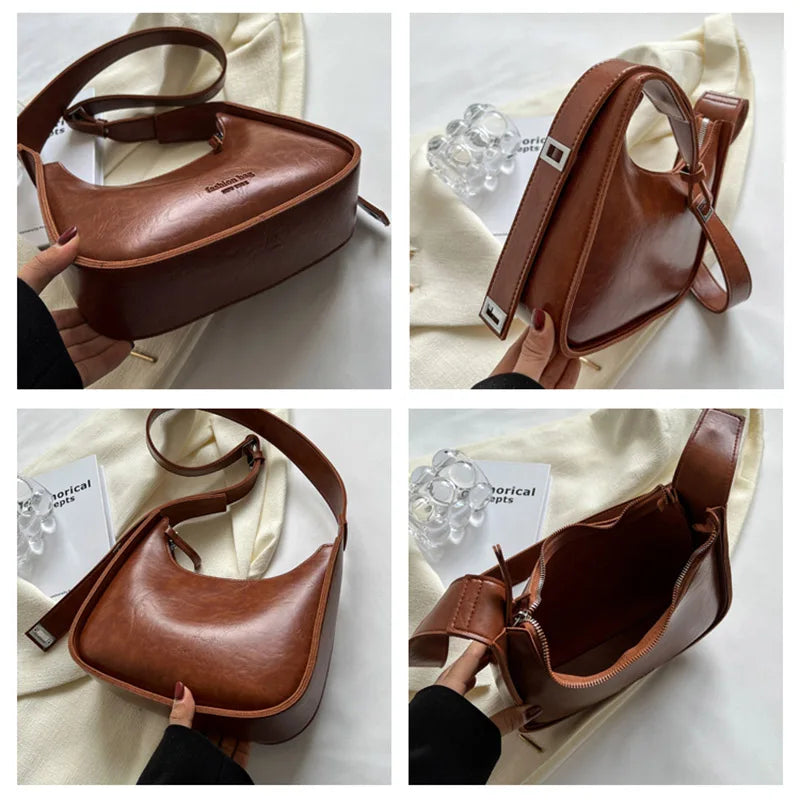 Solid Leather Crossbody Bag Women Satchel Wide Straps Handbag