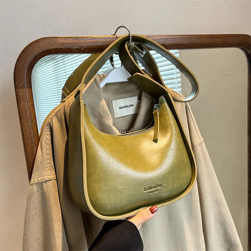 Solid Leather Crossbody Bag Women Satchel Wide Straps Handbag