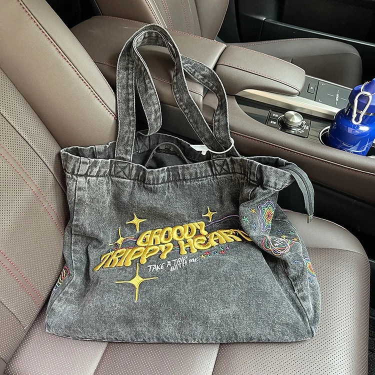 Embroidered Denim Crossbody Bag for Women Casual Shoulder Handbag Tote