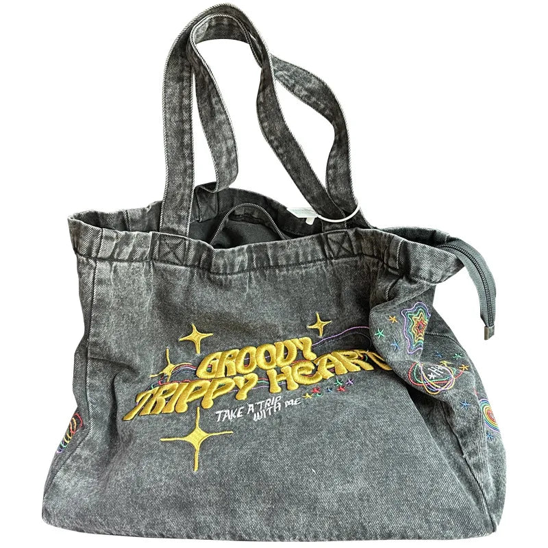 Embroidered Denim Crossbody Bag for Women Casual Shoulder Handbag Tote