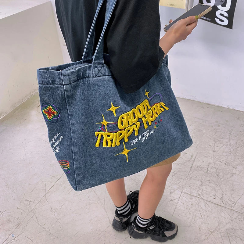 Embroidered Denim Crossbody Bag for Women Casual Shoulder Handbag Tote