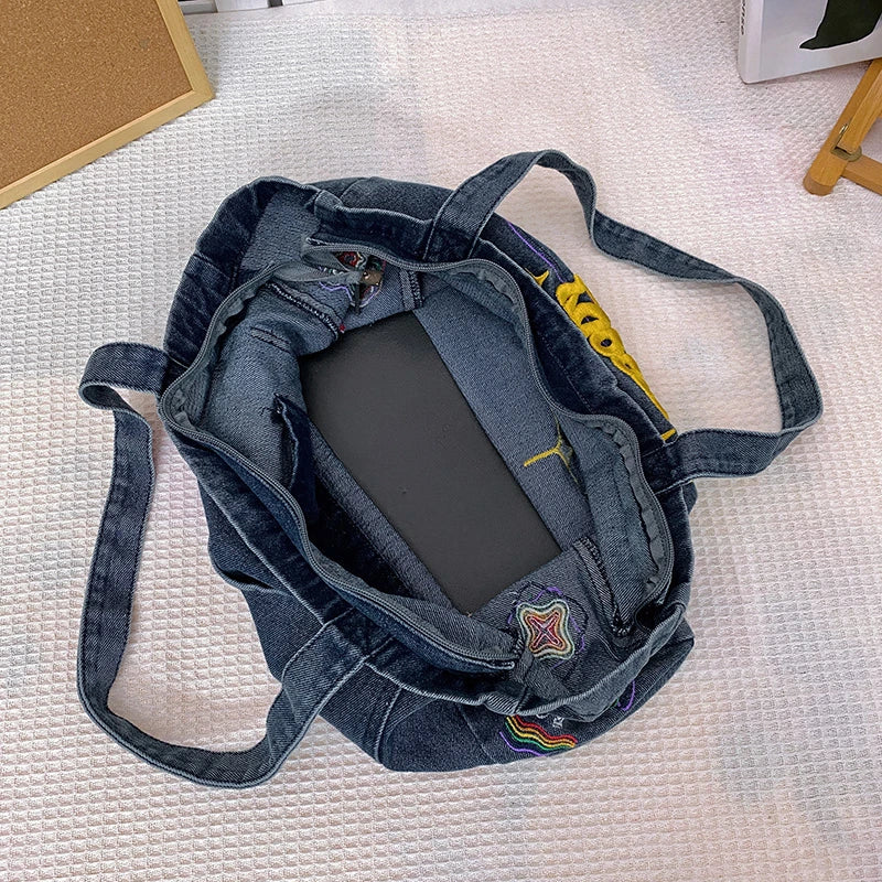Embroidered Denim Crossbody Bag for Women Casual Shoulder Handbag Tote