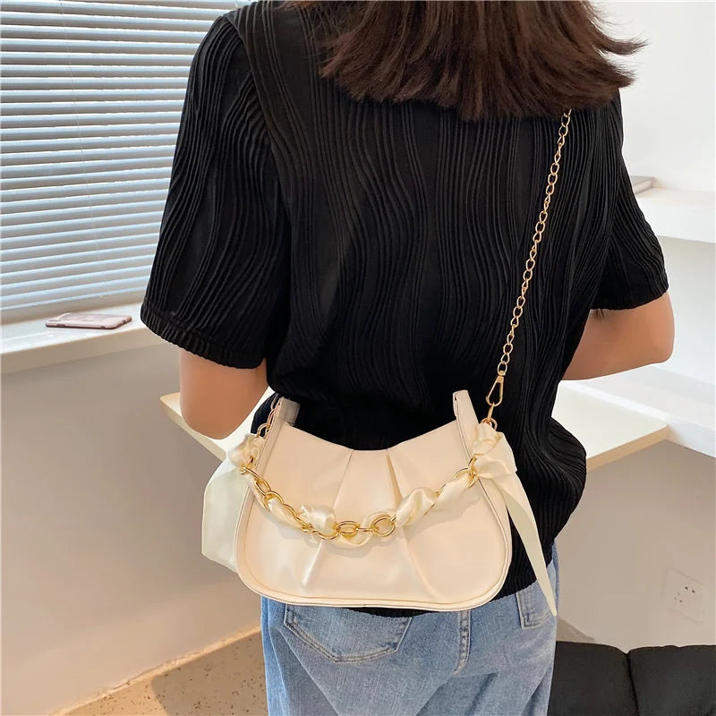 Women's Silk Scarf Chain Cloud Bag Crossbody Messenger Purse