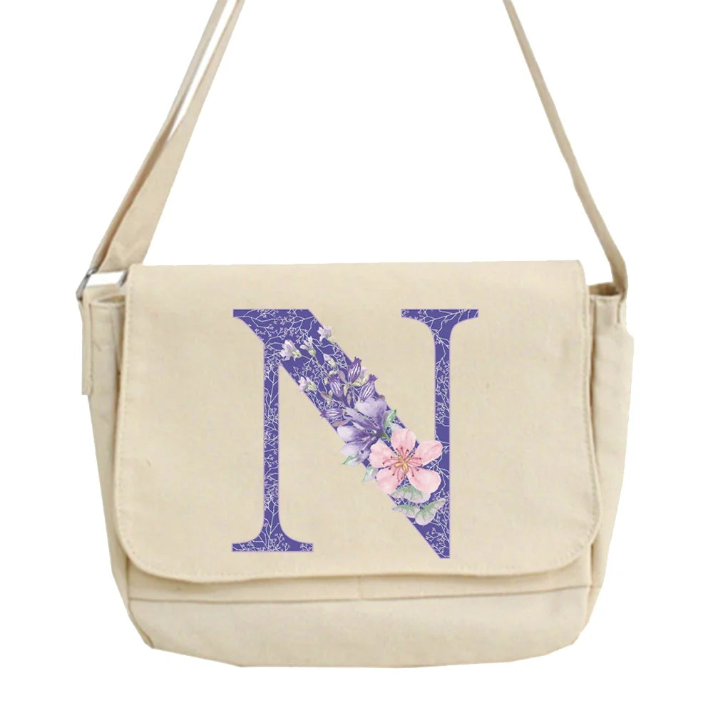 Purple Flower Name Pattern Crossbody Bag Large Capacity