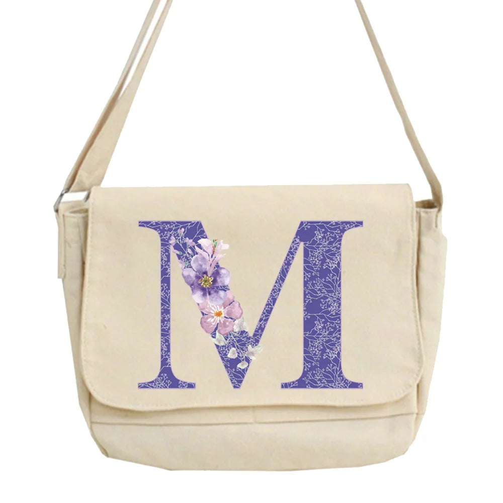 Purple Flower Name Pattern Crossbody Bag Large Capacity
