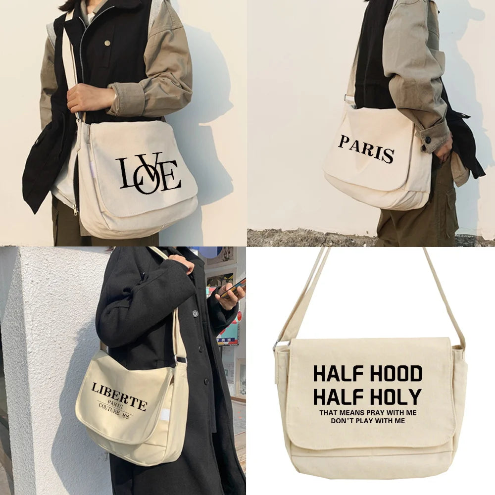 Large Capacity Crossbody Bag for Women Text Pattern Shopper Purse