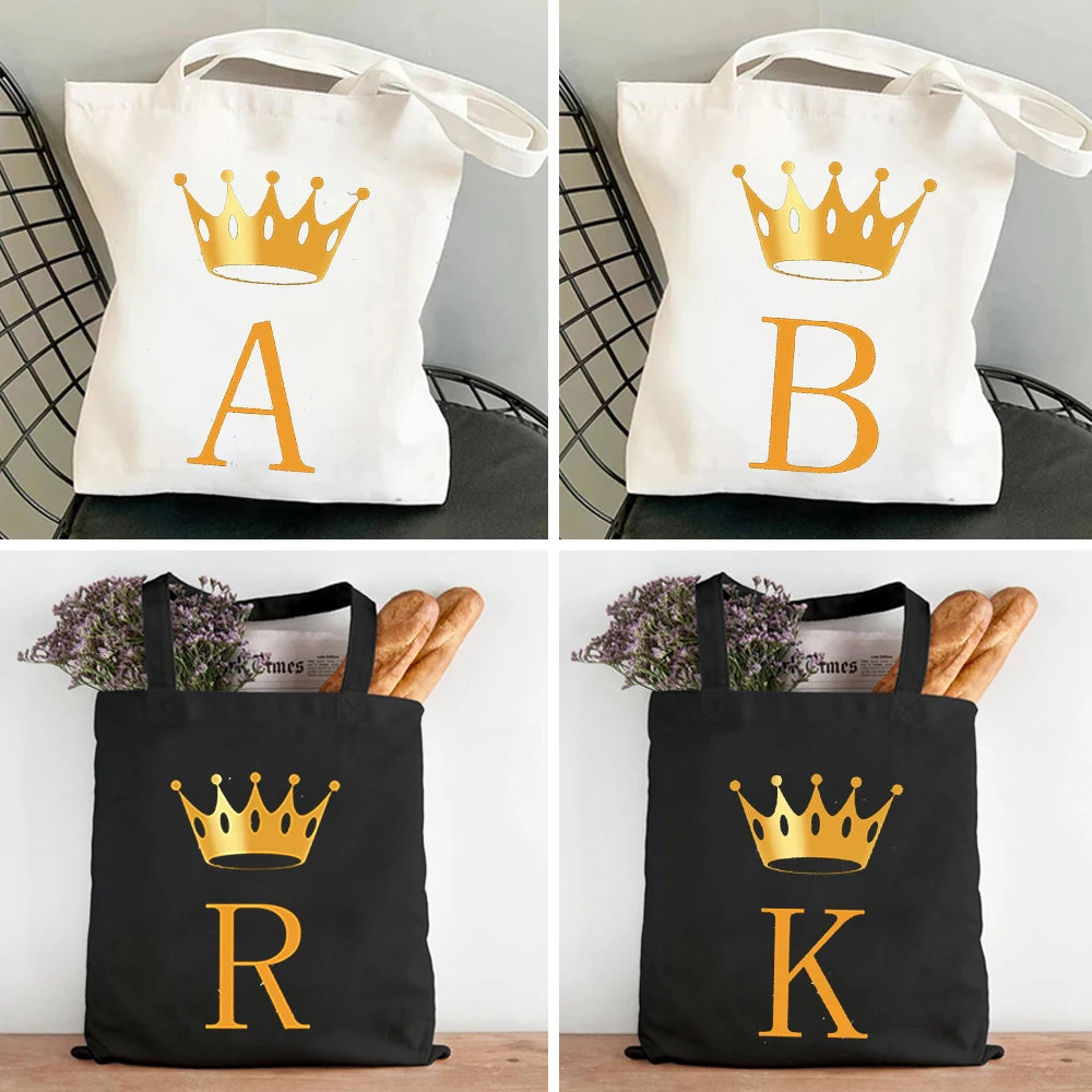 Golden Alphabet Women Shopper Bag Canvas Tote Shoulder Lady Shopping Bag