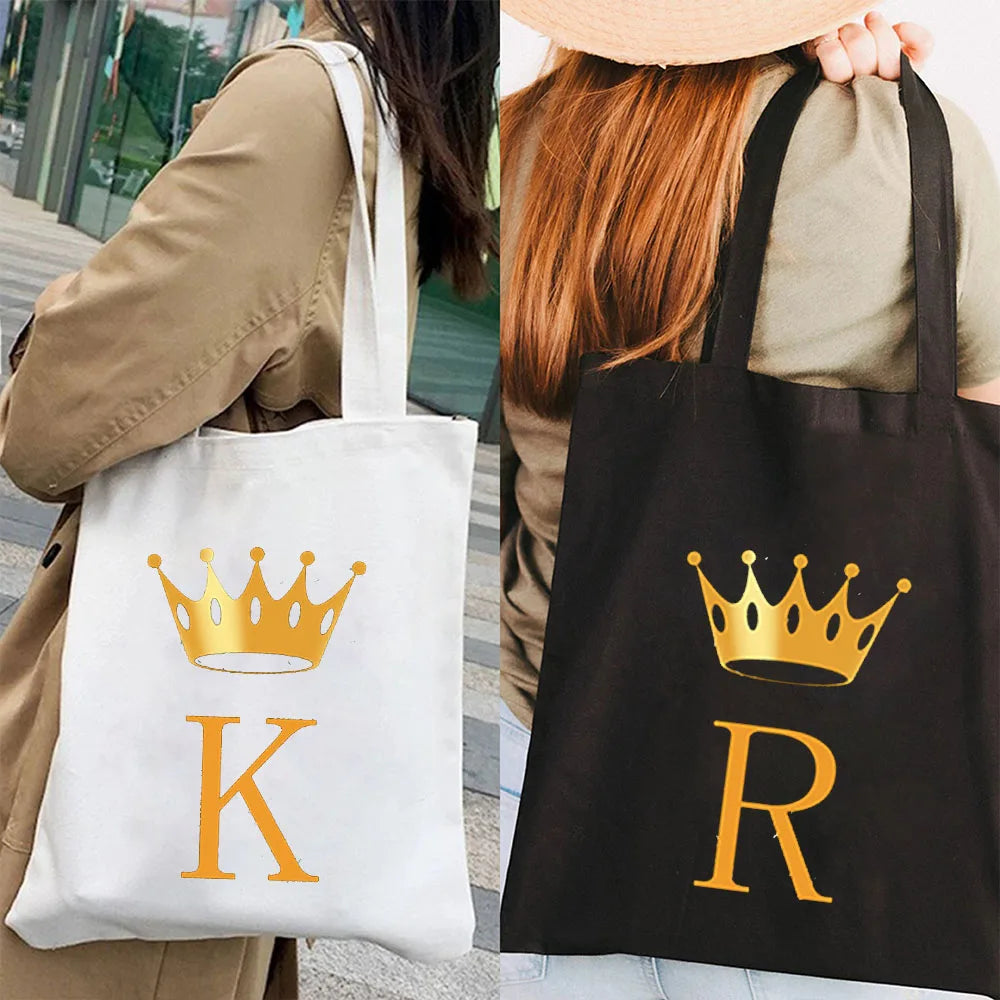 Golden Alphabet Women Shopper Bag Canvas Tote Shoulder Lady Shopping Bag