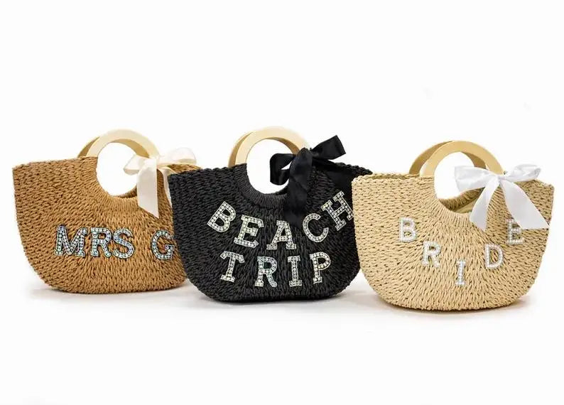 Personalized Straw Tote Bag for Bride, Beach Bridal Shower Bag
